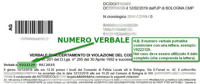 Immagine che descrive come recuperare il numero verbale